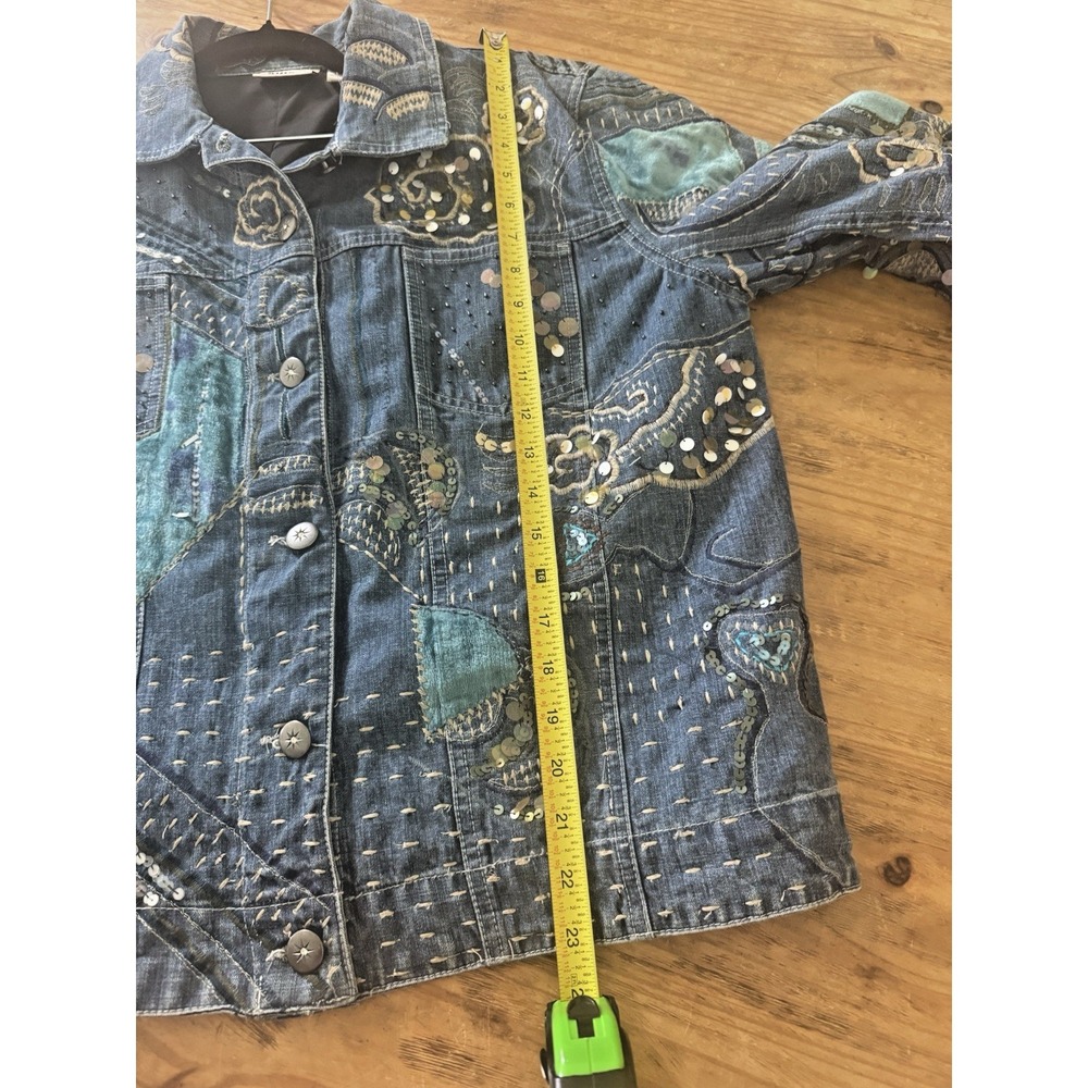 Chico's 3 Denim Jacket Cotton Blue Patchwork Embroidery Sequin Work Stunning - Picture 6 of 8